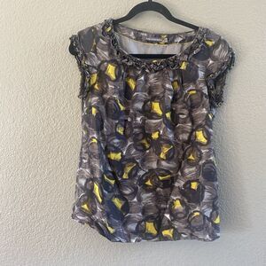 Boden  Blouse Womens 4 Gray Yellow Floral 100% Silk Ruffle Limited Edition